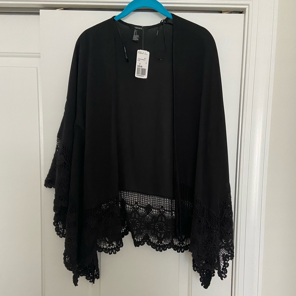 Forever21 black sheer crochet kimono top blouse s
